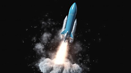 Wall Mural - A rocket launching into the blue sky leaving a trail of white smoke behind. Generative ai
