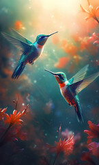 Wall Mural - Hummingbirds Flying in Tropical Garden. AI generated Illustration.