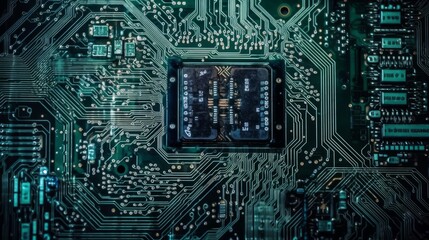 Poster - A close up view of a printed circuit board with electronic components. Generative ai