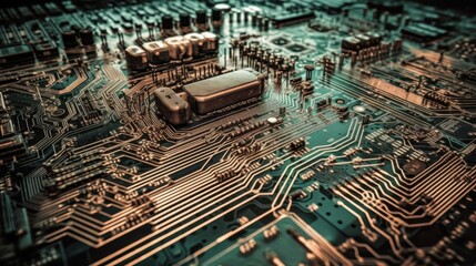 Fototapete - An Electronic Circuit Board with Numerous Components Close Up. Generative ai