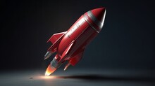 A Red Rocket Ship Soaring Through The Sky With A Trail Of Flames Behind It. Generative Ai