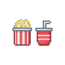 Popcorn And Fizzy Drink, Pixel Art Food