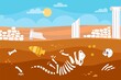 Geological soil layers. Archeology excavations, dinosaur bones skeleton in ground, ancient artifacts, vases and coins, vector illustration