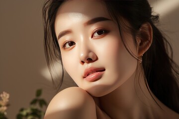 Fashion portrait of young beautiful glowing skin Asian woman model, skin care, emphasizing the natural beauty and radiance of healthy skin, AI generated