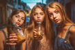© wetzkaz - drunken or intoxicated teenagers, young girls outside on a side street, group of female friends in free time, drinking alcohol and celebrating and partying. Generative AI