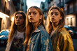 © wetzkaz - young women or teenagers, young girls outside on a side street, group of friends in free time. Generative AI