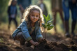 © wetzkaz - toddler, little kid plants a plant or tree seedling. Generative AI