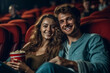 © wetzkaz - young adult woman and man in the cinema or theater or opera, in an armchair, happy beaming, good entertainment, free time and weekend. Generative AI