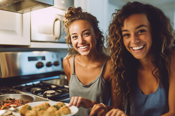 two sisters or friends together in the kitchen, glass of wine and glass of champagne, two women together in their free time at home. Generative AI