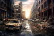 © wetzkaz - Post apocalyptic city background. Destroyed buildings, cracked road Generative AI