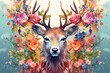 abstract style of drawing colorful flowers wall digital art with deer.  modern wall decor on light background Generative AI