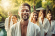 © wetzkaz - Group or team of young adults, spa or villa with swimming pool, wear bathrobes, tropical vacation destination, travel with friends or business trip. Generative AI