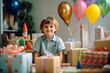 © wetzkaz - little kid laughing and looking forward smiling, hands and arms up with joy, birthday and birthday gifts. Generative AI
