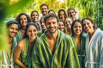 Group or team of young adults, spa or villa with swimming pool, wear bathrobes, tropical vacation destination, travel with friends or business trip. Generative AI