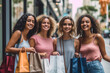 © wetzkaz - a group of girlfriends, young adult women with shopping bags, shopping bags full of purchases after a shopping tour in a city, fictional place. Generative AI