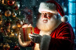 © wetzkaz - santa claus distributes gifts, snowflakes christmas tree and a present in hand, christmas abstract. Generative AI