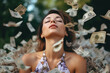 © wetzkaz - extremely highly emotional young woman with masses of fictitious banknotes, wealth and prosperity, rain of money. Generative AI