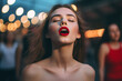 © wetzkaz - young woman singing along emotionally at a festival or concert, open mouth, red lips. Generative AI