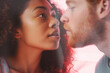 love between young adult man and woman, tanned dark skin with curly hair woman and white caucasian with red hair man, kissing kiss. Generative AI