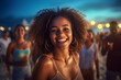 © wetzkaz - party night, young adult female beauty pretty slender woman at the sandy beach with many tourists and party people dancing and partying, fictional location. Generative AI