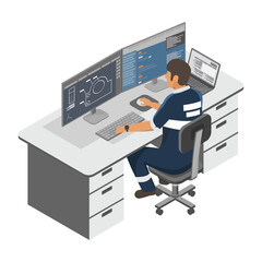 machine manufacturing and engineering designer working with cad software multi monitor inside indust