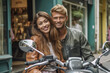 © wetzkaz - young attractive woman and man couple on motorbike scooter with boyfriend , tropical palm side street with local street food vendors. Generative AI