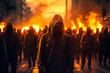 © wetzkaz - a fire burns in a big city surrounded by hooded males, men as aggressors or looters or violent rioters . Generative AI