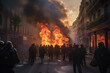 © wetzkaz - a fire burns in a big city surrounded by hooded males, men as aggressors or looters or violent rioters . Generative AI