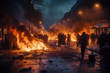 A Fire Burns In A Big City Surrounded By Hooded Males, Men As Aggressors Or Looters Or Violent Rioters . Generative AI