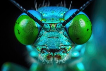 Poster - close-up view of a vibrant blue and green insect Generative AI