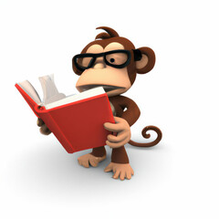 AI generated cute 3D image of a monkey reading a book.