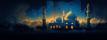 A Graphic Of A Mosque With A Blue Background And The Words  Ramadan  On The Top.