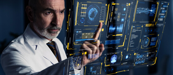 Engineer looking at futuristic interface. Wide angle visual for banners or advertisements.