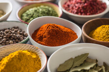 Set Of Variety Aromatic Spices And Herbs In Bowls