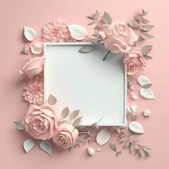 Romantic coloring in pastel roses of square shape frame with leaves concept. Art in inside empty on flat layout design. Glorious generative AI.