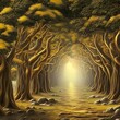 3d modern art mural wallpaper, gold Forest with sunlight shooting in, forest, stone. AI