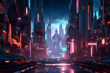 Wall Mural - Cyberpunk Future City. AI technology generated image