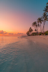 Wall Mural - Tranquil closeup calm sea water waves with palm trees. Soft colors sunrise sunset sunlight. Tropical island beach landscape exotic shore coast. Summer vacation, holiday amazing nature. Relax paradise