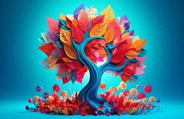  3d abstraction wallpaper for interior mural wall art decor, Color tree on bright background in 3d, Generative Ai.