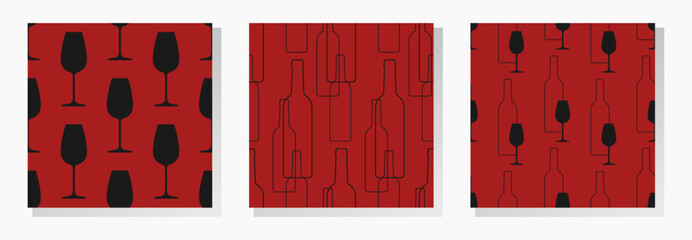 Wall Mural - Black wine bottles and glasses on red background. Vector seamless patterns collection. Best for textile, bar decoration, wallpapers, wrapping paper, package and web design.