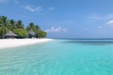 Fototapeta Do akwarium - Amazing drone view of the beach and water with beautiful colors. Paradise scenery water villas with amazing sea and beach, tropical nature. summer vacation.
