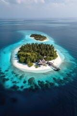 Amazing drone view of the beach and water with beautiful colors. Paradise scenery water villas with amazing sea and beach, tropical nature. summer vacation.