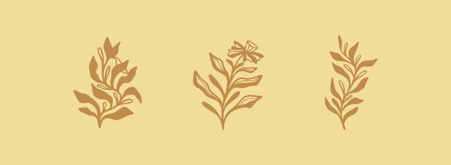 Wall Mural - Floral branch and minimalist flowers for logo. Hand drawn line wedding herb, elegant leaves. Universal creative premium symbol. Vector sign icon logo template. Vector illustration