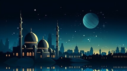 Wall Mural - islamic background beatiful mosque and night sky view generative ai