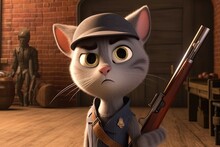 Tough - As - Nails Gray Tabby Cat, Holding A Tommy Gun And Standing In Front Of A Brick Wall, Ready For Action, Big Eyes Cartoon Style Illustration Generative Ai