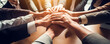 © khwanchai - Success of team concept, Top view hands of Business teamwork join hands together in office, Generative AI