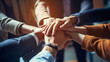 © khwanchai - Success of team concept, Top view hands of Business teamwork join hands together in office, Generative AI