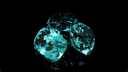 Wall Mural - Paraiba tourmalines rotating on black glossy background. 3D seamless loop animation