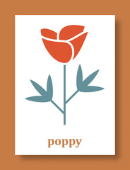 Abstract symbol of poppy flower. Simple minimal style of poppy petals and branch with leaves. Vector illustration.