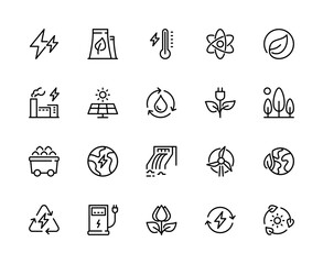 Types of energy vector line icons. Isolated icon collection of energy types on white background. Energy symbol vector set.
